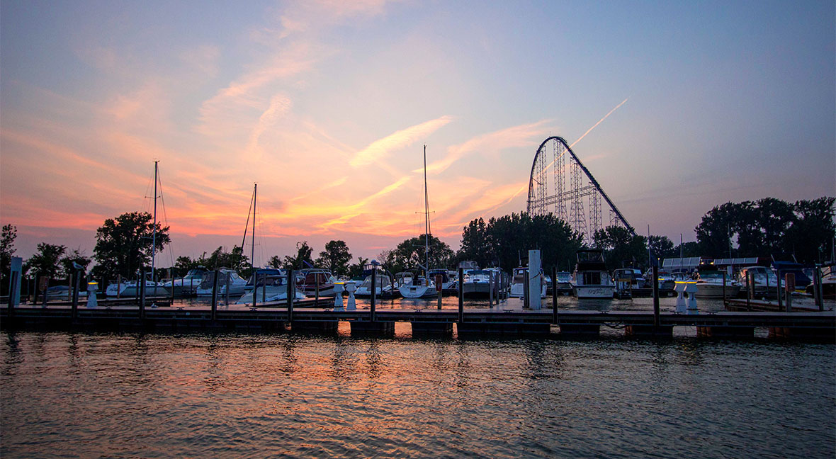 Sunset above the Cedar Point Marina and Millennium Force